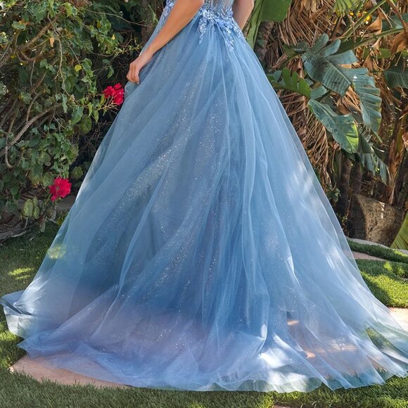 New Off The Shoulder A-Line Mesh Gown w/ Floral Applqiue & Layered Skirt GL3719 - Picture 14 of 14